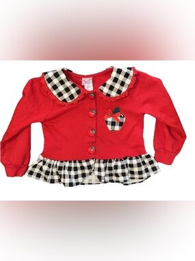 Vtg Buster Brown 3T Sweater Cardigan Apple Button Gingham Lace Peter Pan Collar